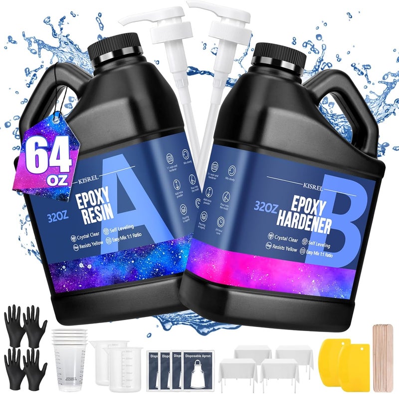 KISREL Epoxy Resin 64OZ - Crystal Clear Epoxy Resin Kit - No Yellowing No Bubble Art Resina Casting Resins for Art Crafts, Jewelry Making, Wood & Molds(32OZ x 2) - Image 1